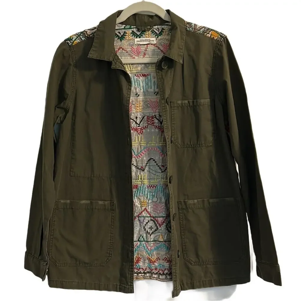 Zara Cargo Jacket Embroidered Back Size Small - Picture 5 of 8